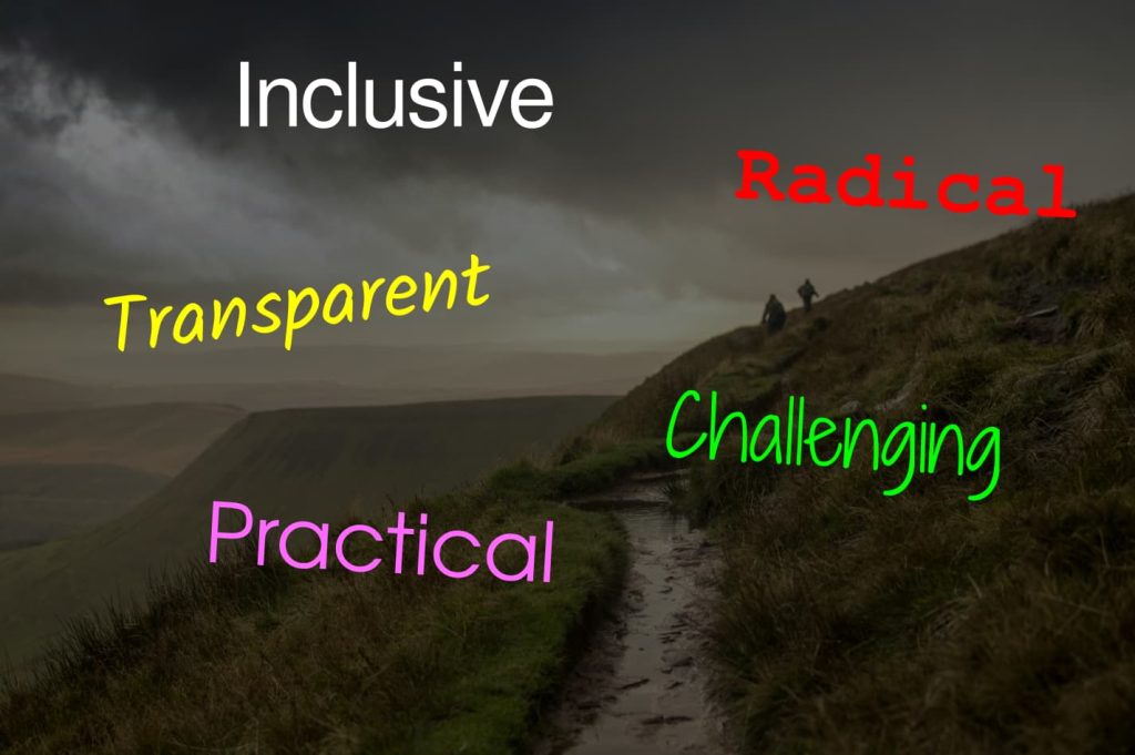 A picture of a hilltop scene with five words superimposed on it: "Inclusive, transparent, radical, challenging, practical"