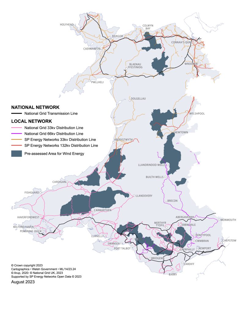 The ten pre-assessed areas for wind energy according to Policy 17 of Future Wales and current grid provision. These are represented by dark shapes on different geographic areas of Wales
