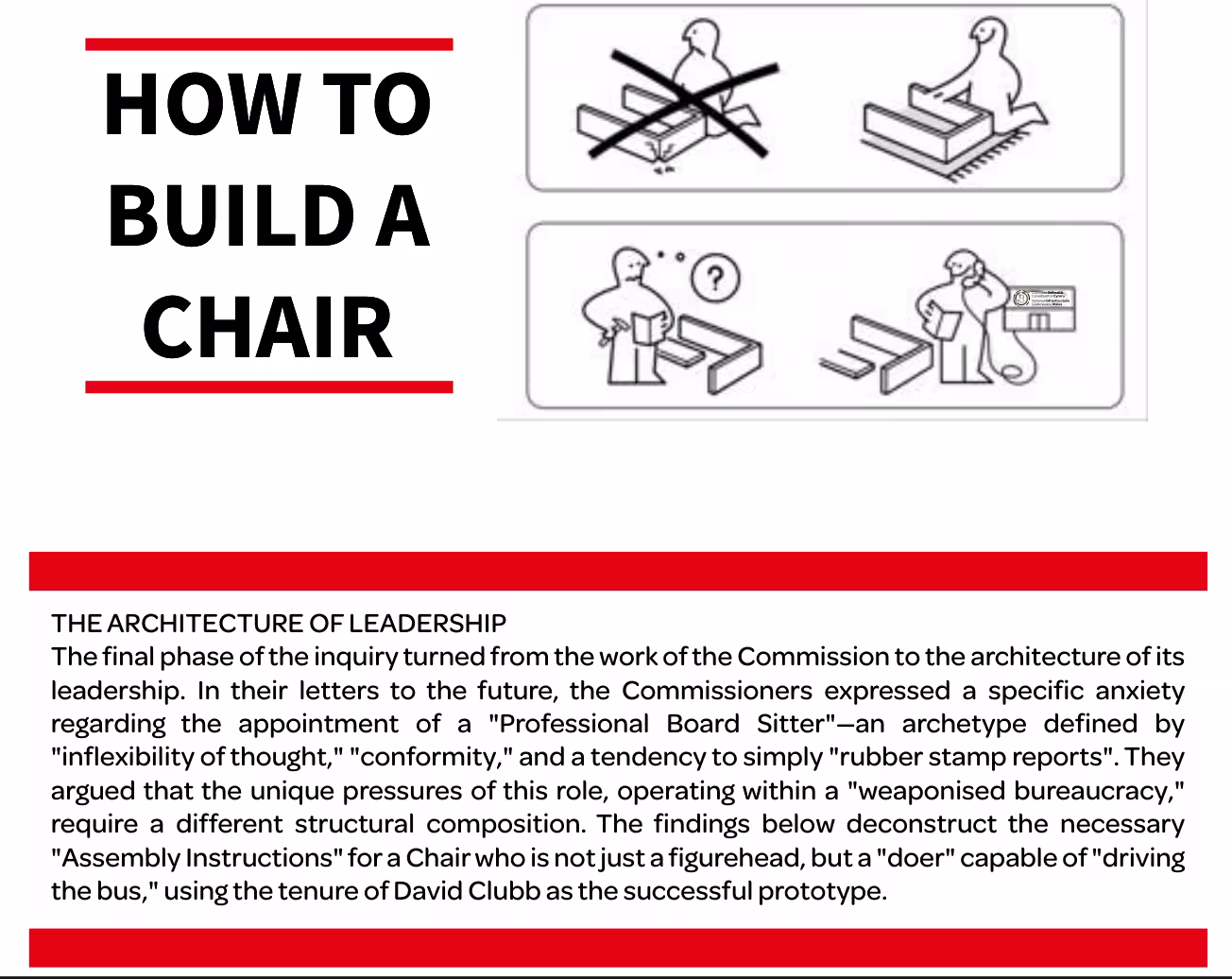 Diagram illustrating a set of simplified assembly instructions, next to the title "HOW TO BUILD A CHAIR" with instructions including "do not assemble", and two other steps, followed by text on the architecture of leadership.